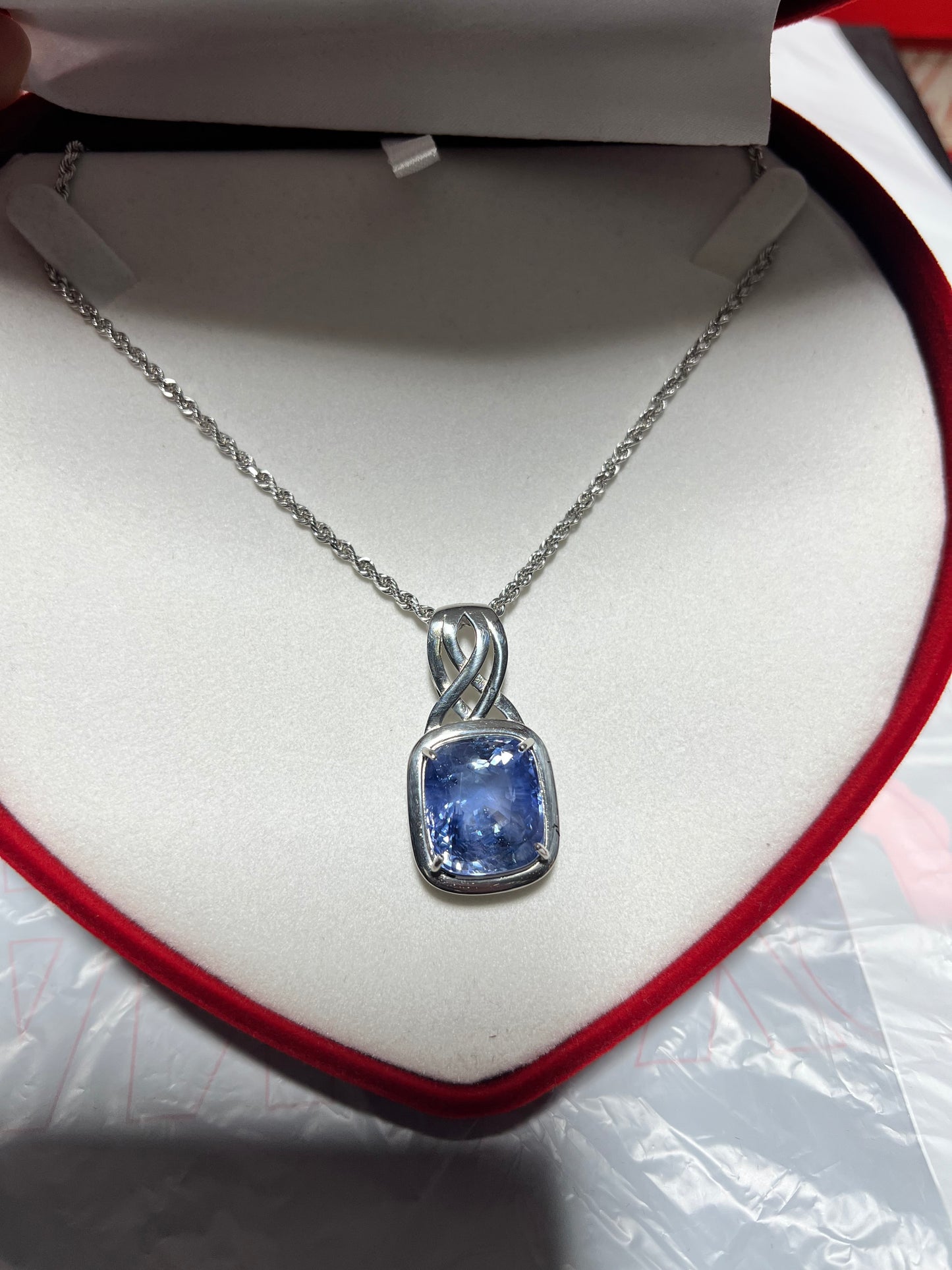 GIA Origin Report Certified 26.9 carat Blue Ceylon Sapphire Platinum Pendant 14k Gold necklace