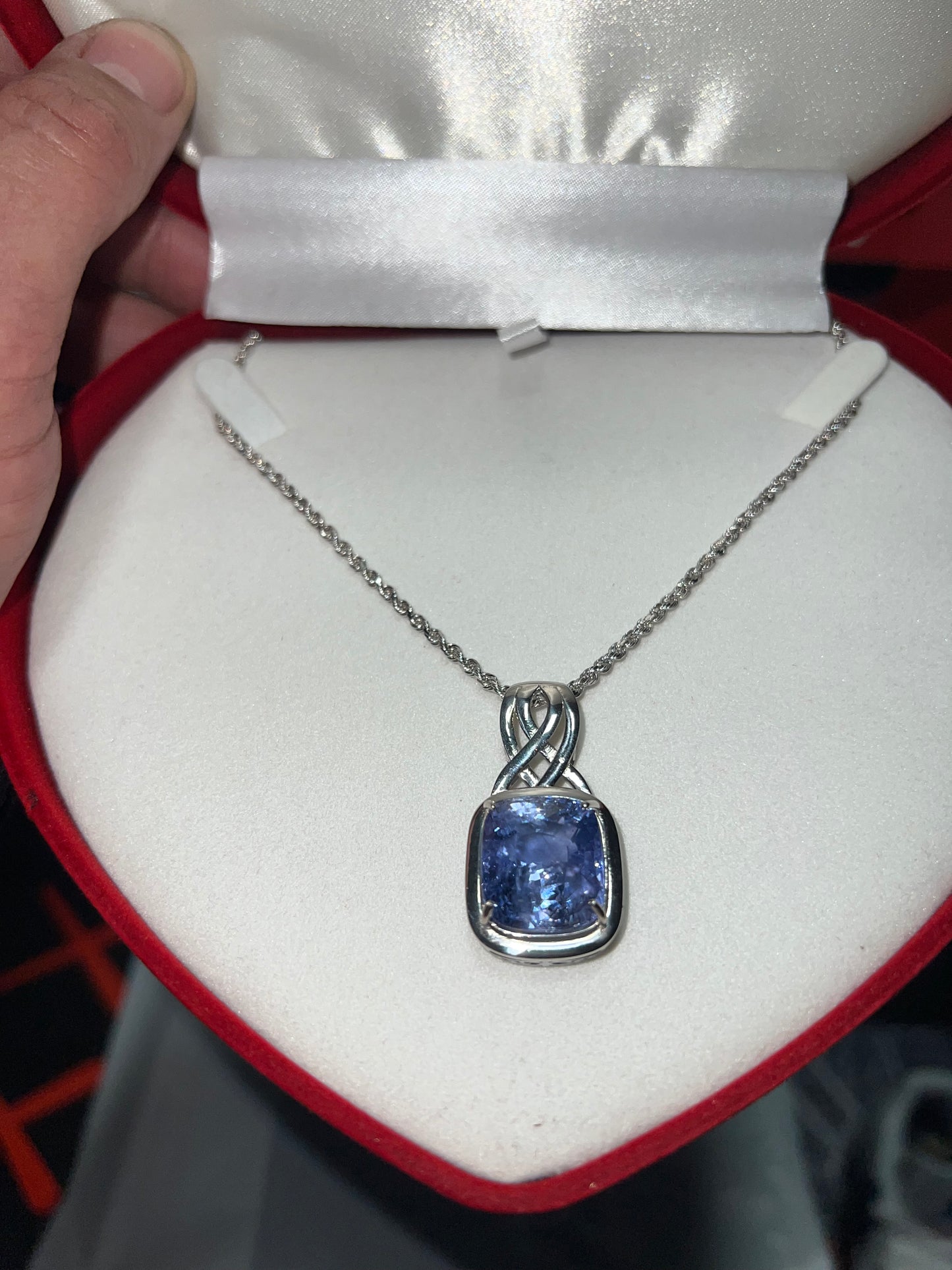GIA Origin Report Certified 26.9 carat Blue Ceylon Sapphire Platinum Pendant 14k Gold necklace